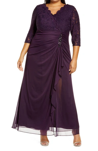 Shop Alex Evenings Beaded Lace Bodice Empire Waist Gown In Eggplant