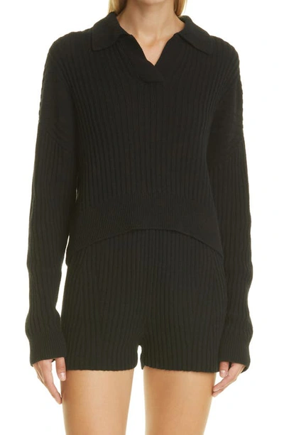 Shop Rag & Bone Maxine Ribbed Merino Wool & Cotton Blend Polo Sweater In Black
