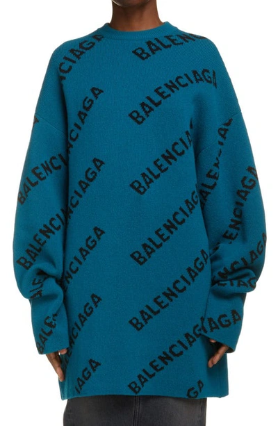 Shop Balenciaga Intarsia Logo Oversize Wool Blend Sweater In 2470 Petrol Blue/ Black