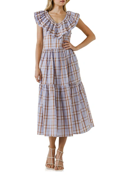 English Factory Plaid Midi Dress With Ruffle Neckline In Purple