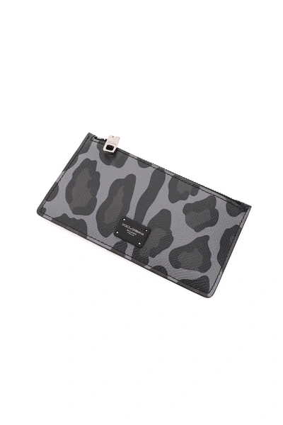 Shop Dolce & Gabbana Leopard Print Zipped Card Holder In Grey,black