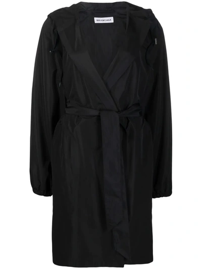 Shop Balenciaga Belted Hooded Raincoat In Black