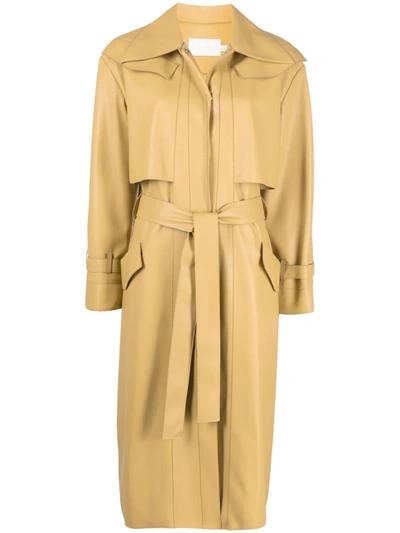 Low Classic Mustard Colored Leatheret Trench Coat With Belt In Yellow