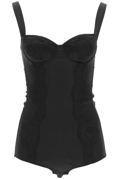 Shop Dolce & Gabbana Balconette Silk And Lace Body In Black