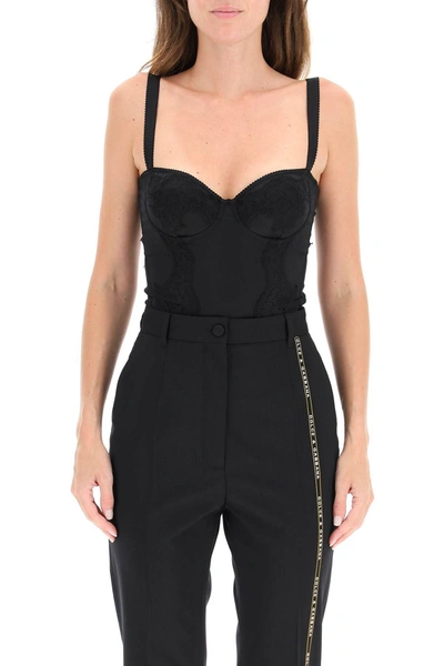 Shop Dolce & Gabbana Balconette Silk And Lace Body In Black