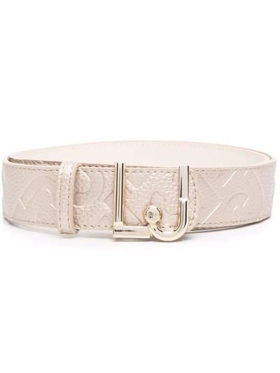 Shop Liu •jo Embossed Logo Faux-leather Belt In Neutrals