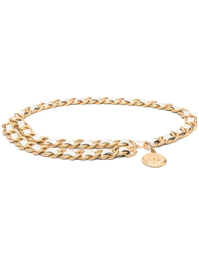 Pre-owned Chanel 1993 Double Leather-and-chain Belt In Gold And White