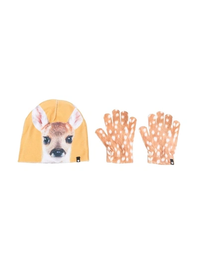 Shop Molo Fawn-print Hat And Glove Set In Yellow