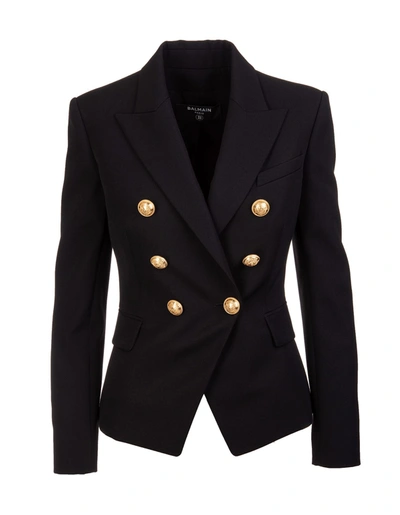 Shop Balmain Woman Black And Gold Double-breasted Blazer In Wool
