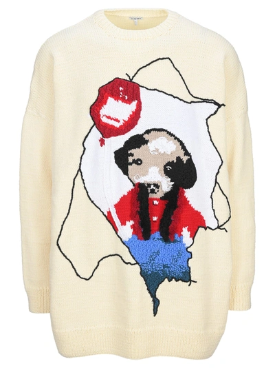 Shop Loewe Puppy Intarsia Sweater In Wool In Ecru/multicolor