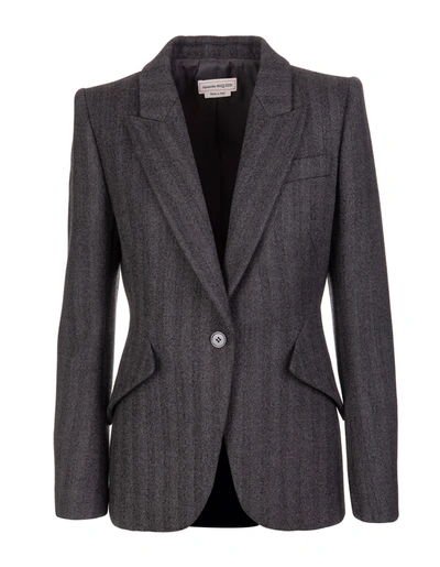 Shop Alexander Mcqueen Woman Dark Grey Wool Twill Blazer With Herringbone Pattern In Mid Grey Melange