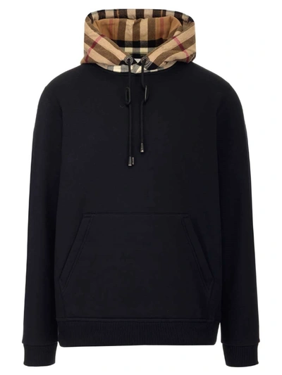 Shop Burberry Check Detailed Drawstring Hoodie In Black