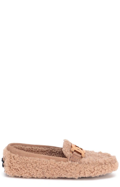 Shop Tod's Logo Plaque Textured Loafers In Beige