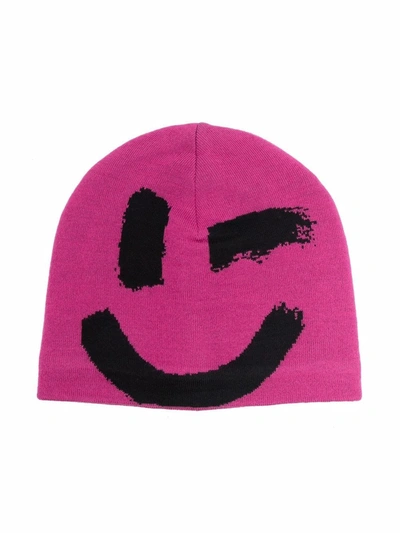 Shop Molo Smiley-face Knitted Beanie In 粉色