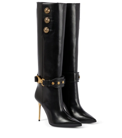 Shop Balmain Robin Leather Knee-high Boots In Noir