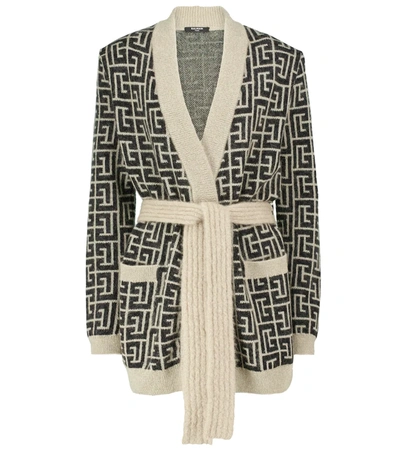 Shop Balmain Logo Wool-blend Cardigan In Ivoire/noir