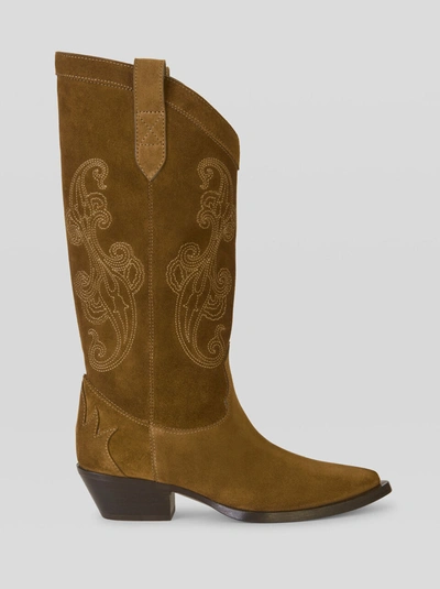 Shop Etro Suede Boots With Paisley Embroidery In Beige