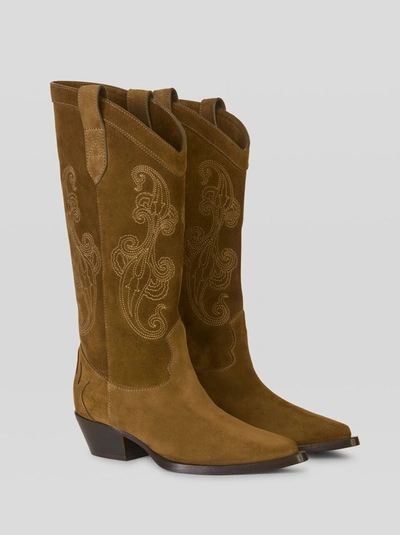 Shop Etro Suede Boots With Paisley Embroidery In Beige