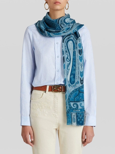 Shop Etro Paisley Pattern Cashmere Scarf In Light Blue