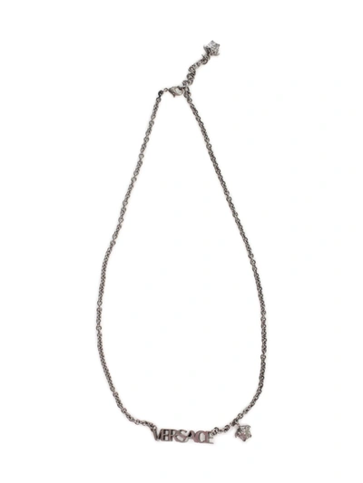 Shop Versace Logo Medusa Charm Necklace In Silver