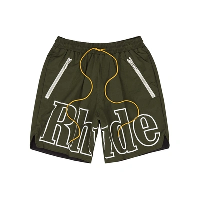 Shop Rhude Army Green Logo Shell Shorts In Khaki