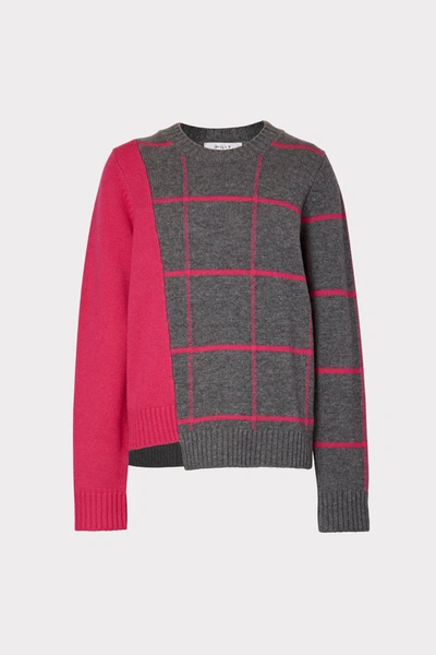 Shop Milly Intarsia Windowpane Sweater In Heather Grey/shocking Pink