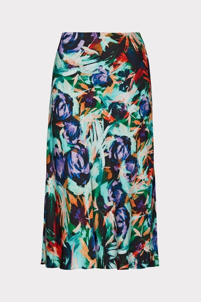 Shop Milly Fion Oberon Rose Print Bias Skirt In Blue Multi