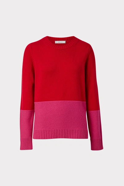 Shop Milly Colorblock Crew Neck Sweater In Real Red/shocking Pink