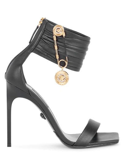 Shop Versace Women's Safety Pin Ankle-cuff Leather Sandals In Nero