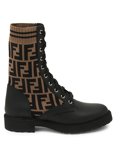 Shop Fendi Rockoko Knit Leather Combat Boots In Neutral