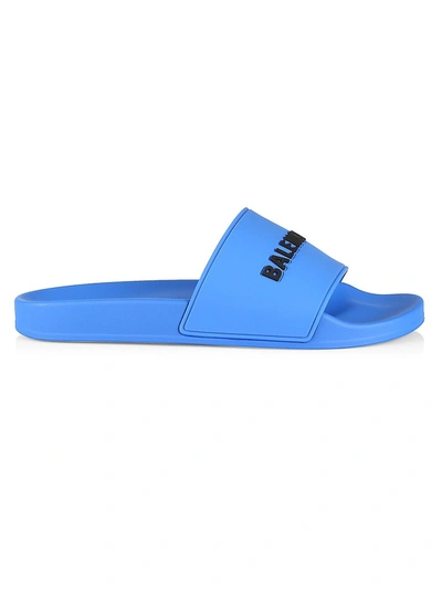 Shop Balenciaga Men's Contrast Logo Pool Slide Sandals In Screen Blue