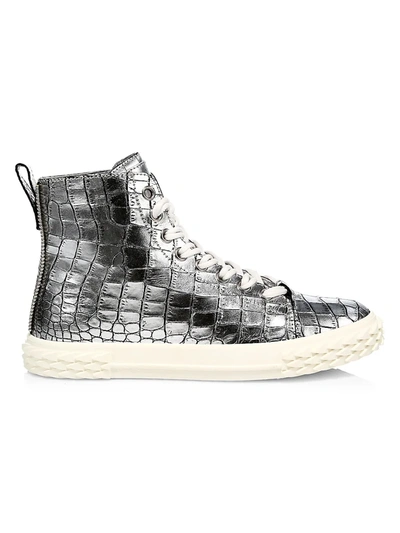 Shop Giuseppe Zanotti Braky Print Argento Metallic Crocodile-embossed Leather High-top Sneakers In Silver