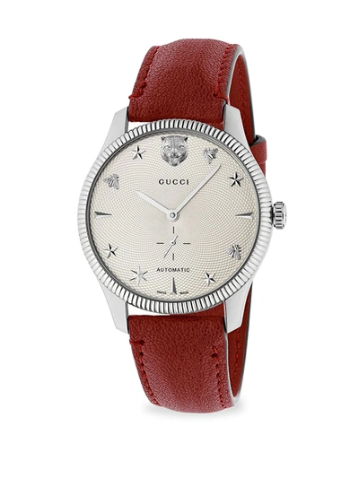 Shop Gucci G-timeless Stainless Steel Case 40mm Automatic Silver Guilloché Dial Red Leather Watch