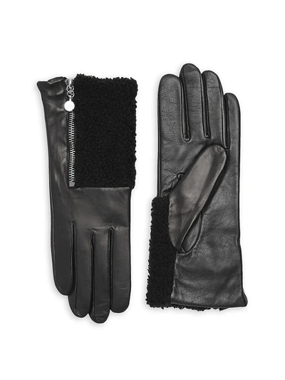 Shop Carolina Amato Women's Touch Tech Metallic Leather & Shearling Gloves In Black