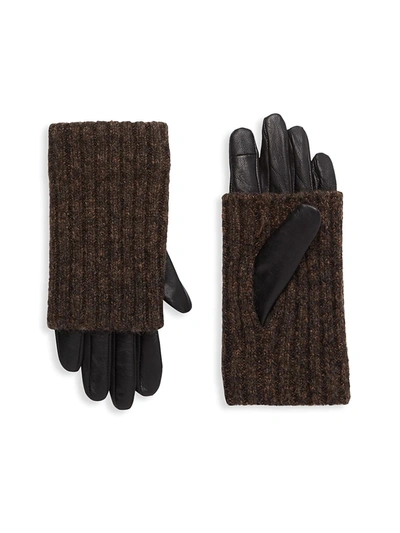 Shop Carolina Amato Touch Tech Leather & Knit Gloves In Black Brown