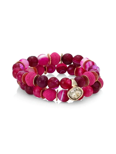 Shop Akola Women's Designer Crystal, Pink Agate & Beaded Raffia Bracelet In Gold