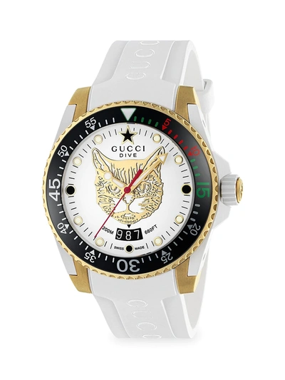 Shop Gucci Women's Diver  Diver 45mm Stainless Steel Tiger Dial Watch In White