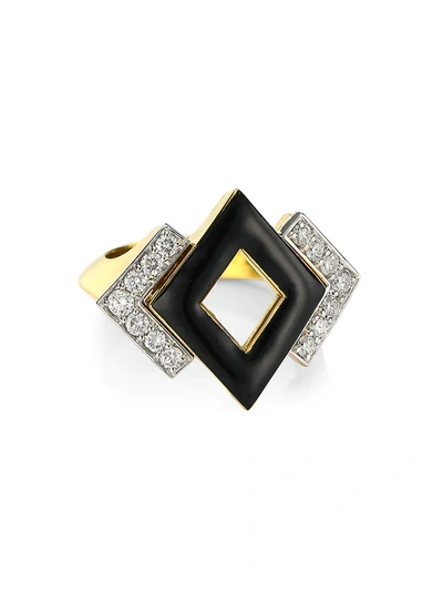 Shop David Webb Motif 18k Yellow Gold, Black Enamel & Double Diamond Ring