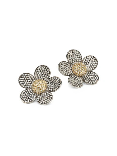 Shop Nina Gilin Women's 14k Black Rhodium Silver & Diamond Floral Stud Earrings In Grey