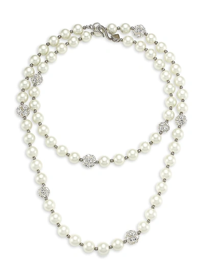 Shop Kenneth Jay Lane 2-strand Glass Pearl & Crystal Fireball Station Necklace In Silver