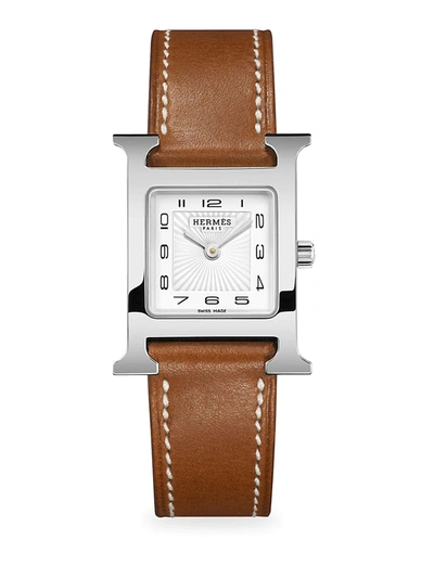 Shop Hermès Watches Women's Heure H 25mm Stainless Steel & Leather Strap Watch In Brown