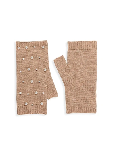 Shop Carolina Amato Mini Faux Pearl Scatter Fingerless Gloves In Bisque
