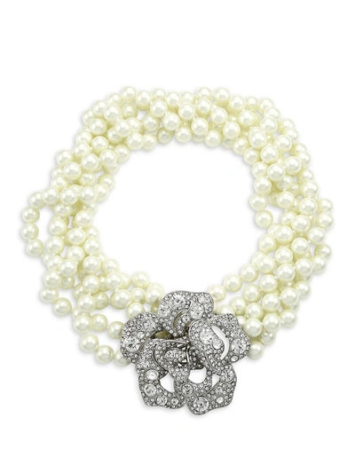 Shop Kenneth Jay Lane Women's Glass Pearl & Crystal Flower Multi-strand Necklace In Silvertone