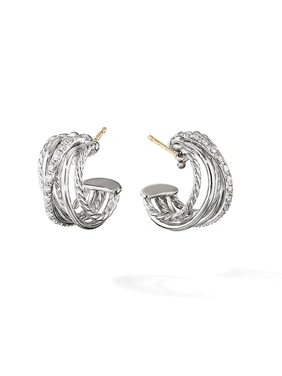 Shop David Yurman Women's Crossover Pavé Diamond Huggie Hoop Earrings In Silver
