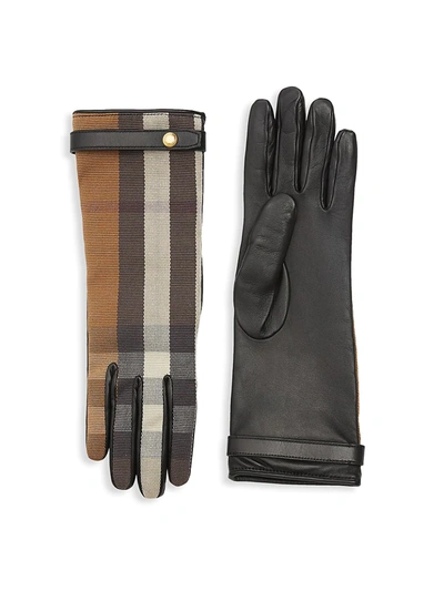 Shop Burberry Women's Check To Leather Gloves In Brown