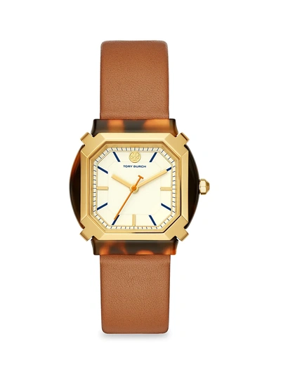 Shop Tory Burch The Blake Goldtone Stainless Steel & Leather Strap Watch