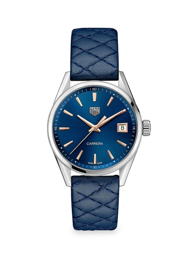 Shop Tag Heuer Carrera 36mm Stainless Steel, Rose Gold & Blue Quilted Leather Strap Quartz Watch In Silver