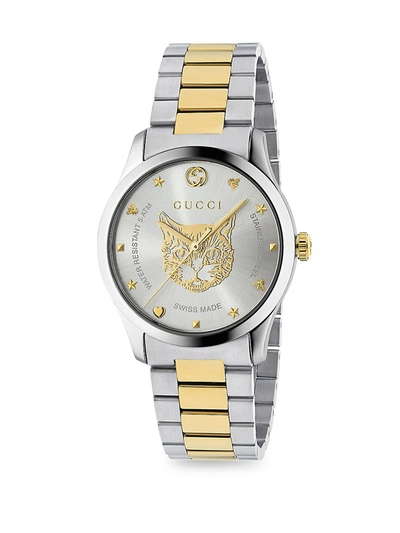 Shop Gucci Women's G-timeless Stainless Steel & Yellow Gold Pvd Tiger Dial Bracelet Watch In Yellow Goldtone
