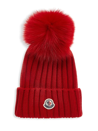 Shop Moncler Fox Fur Pom-pom Ribbed Wool Beanie In Medium Red