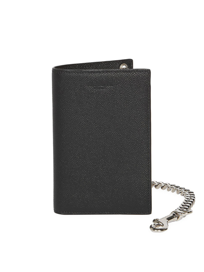 Shop Saint Laurent Chain Bi-fold Pebbled Leather Wallet In Black